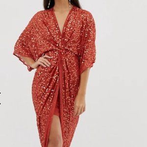 ASOS DESIGN scatter sequin knot front kimono maxi